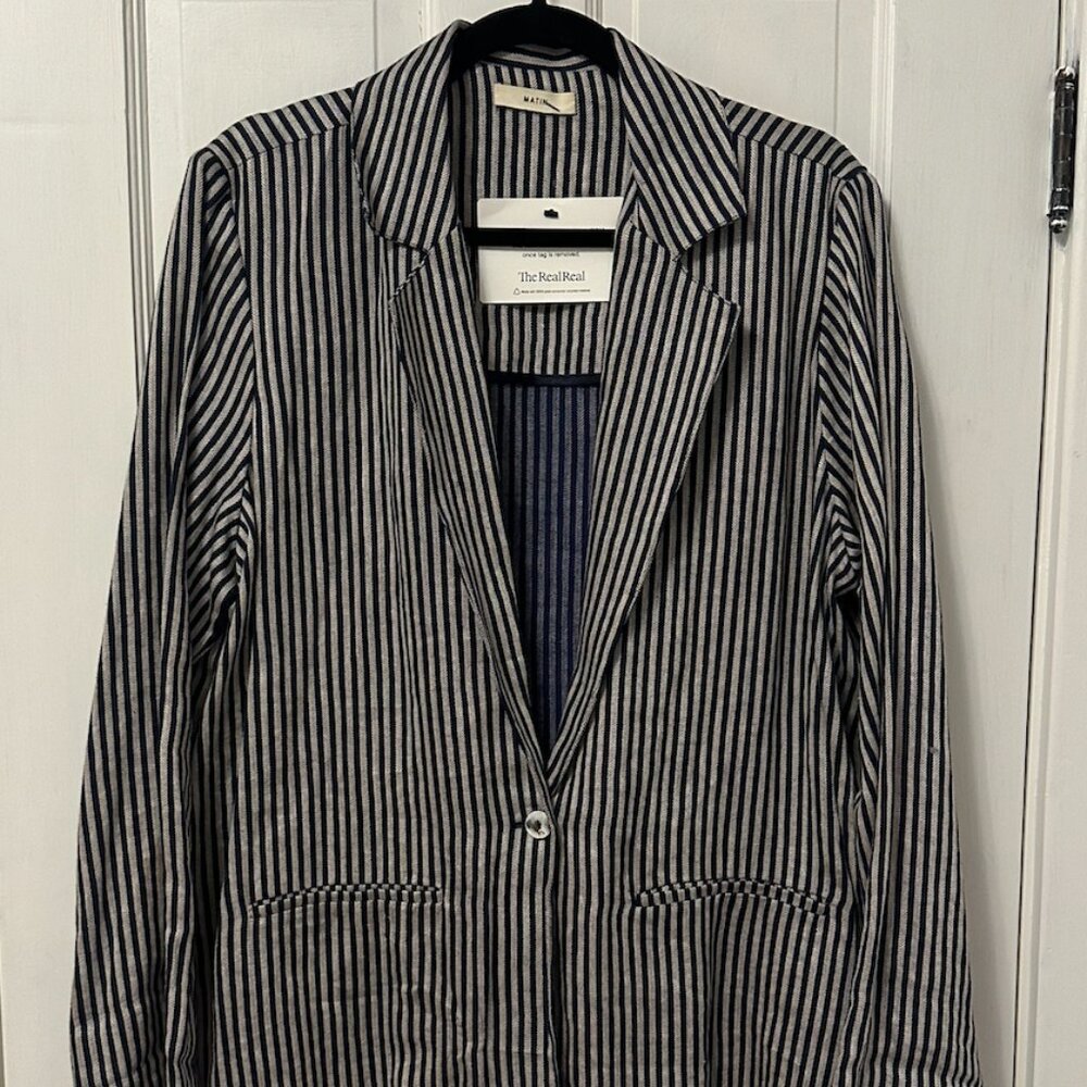 Matin 100% Linen Navy Blue/White Blazer; Size M/L